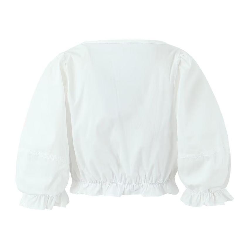 Elbow-Sleeve Scoop Neck Plain Crop Blouse Product Image