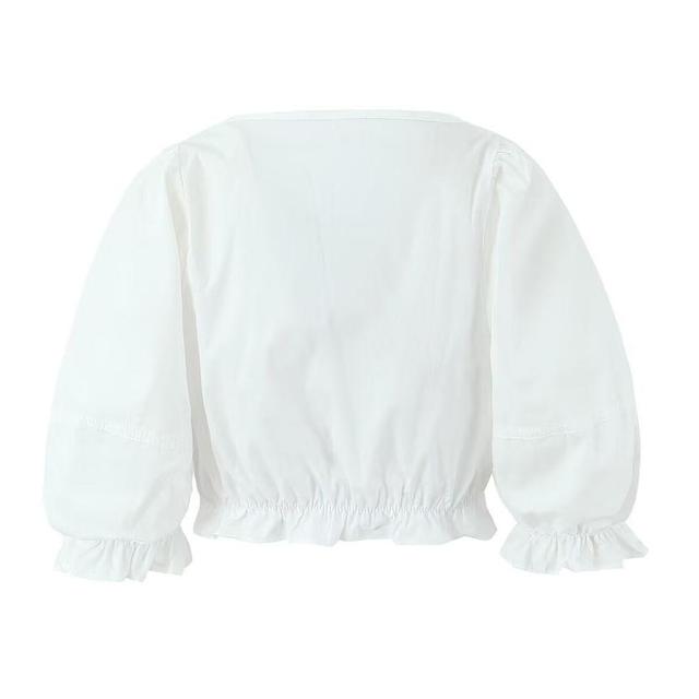 Elbow-Sleeve Scoop Neck Plain Crop Blouse Product Image