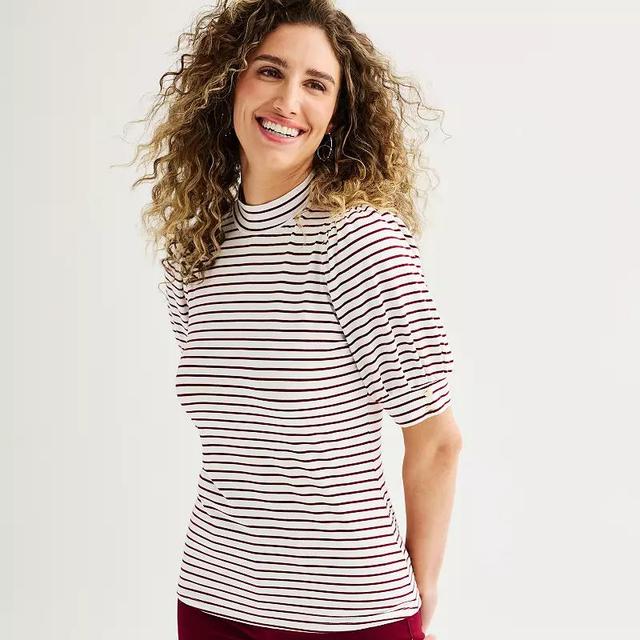 Womens Draper James Mockneck Puff Sleeve Tee Ivory Red Stripe Product Image