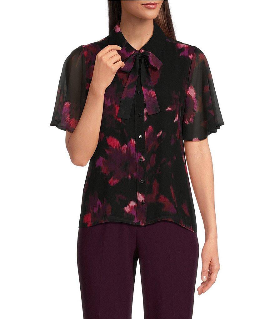 Calvin Klein Printed Chiffon Flutter Short Sleeve Collared Tie Neck Blouse Product Image