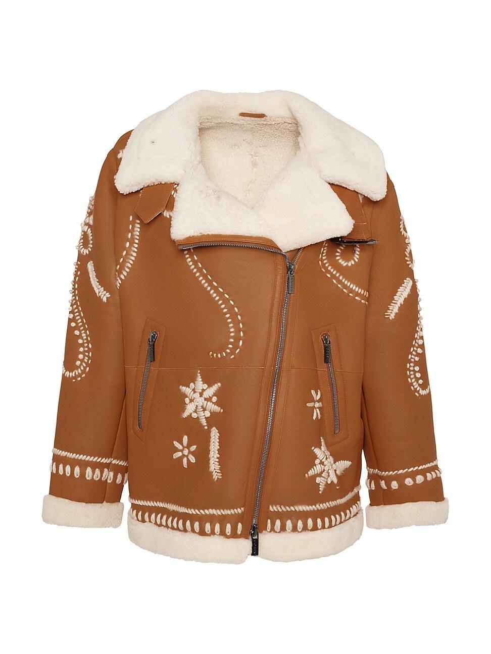 Wool Embroidered Lamb Shearling Moto Jacket Product Image