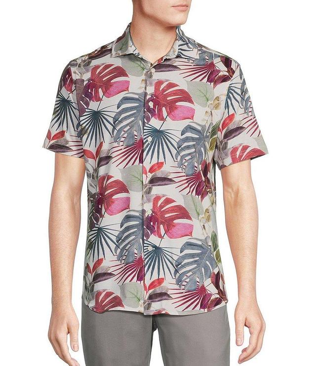 Cremieux Blue Label Stretch Jersey Tropical Palm Print Short Sleeve Coatfront Shirt Product Image