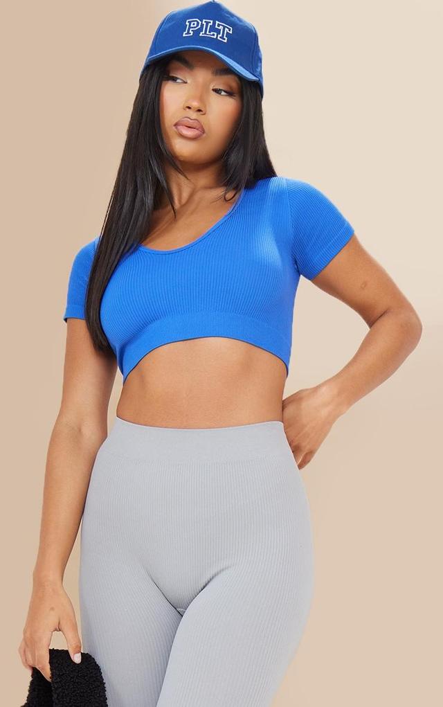 Bright Blue Snatched Rib V Neck Band Short Sleeve Crop Top Product Image