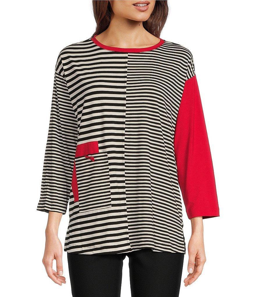 Ali Miles Stripe Print Crew Neck 3/4 Sleeve Patch Pocket Tunic Product Image