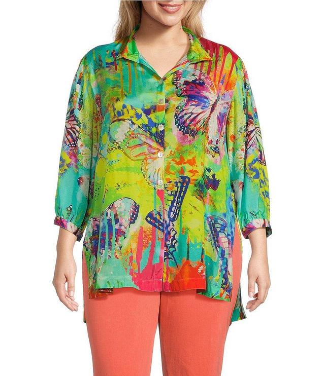 John Mark Plus Size Butterfly Print Wire Collar 3/4 Sleeve Button Front Tunic Product Image