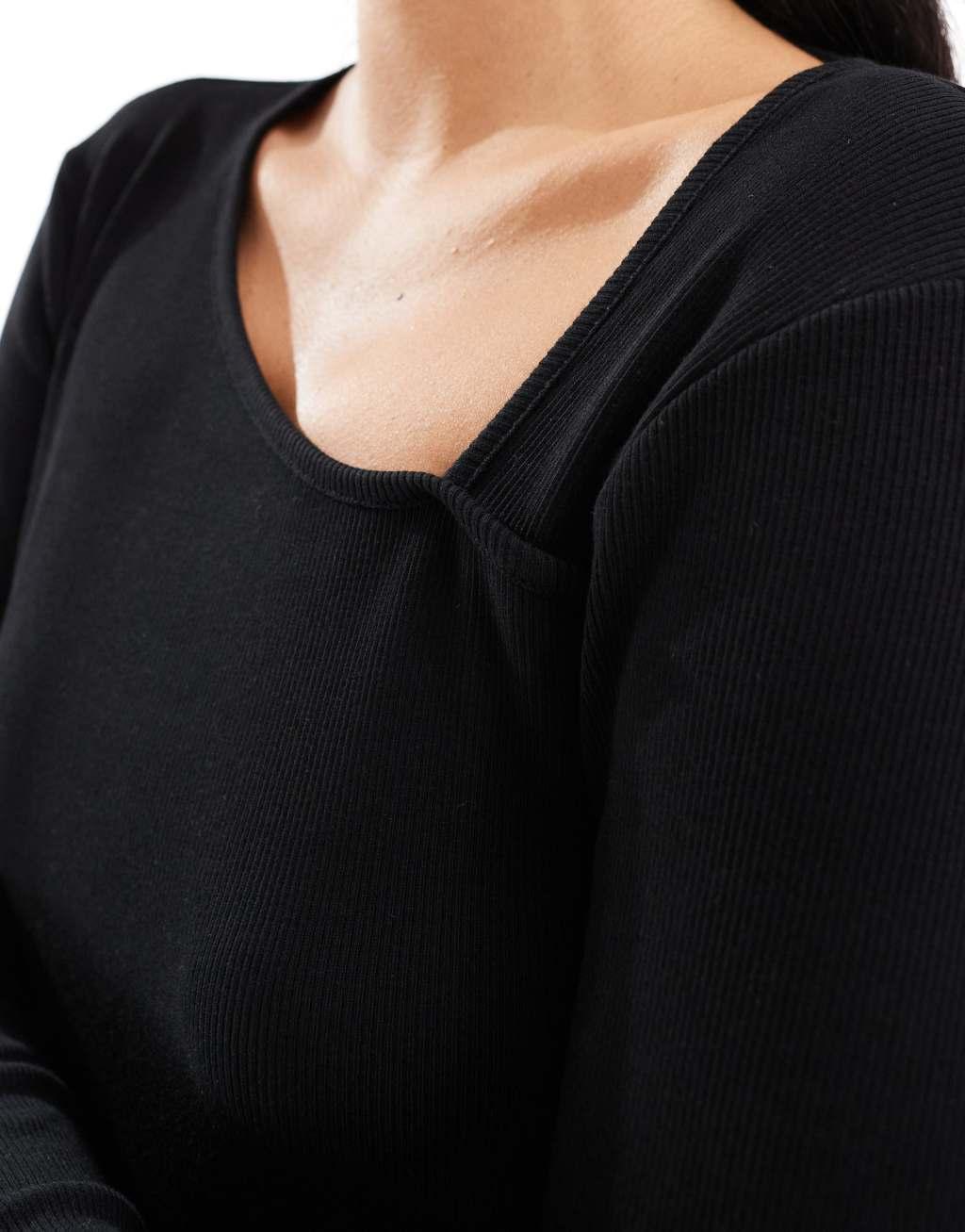 JDY long sleeve ribbed square neck top in black Product Image