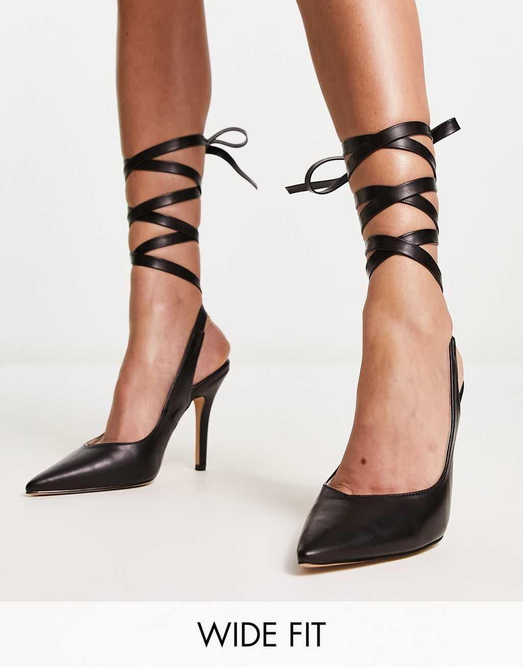 RAID Wide Fit Ishana heeled shoes with ankle tie in black Product Image