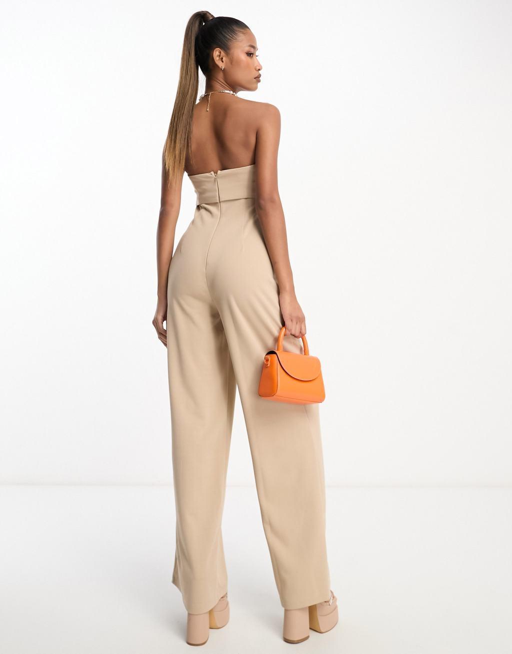 ASOS DESIGN bandeau corset wide leg jumpsuit in stone Product Image