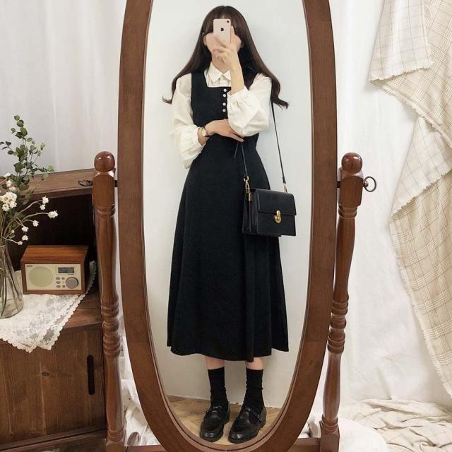 Plain Long-Sleeve Blouse / Midi A-Line Overall Dress Product Image