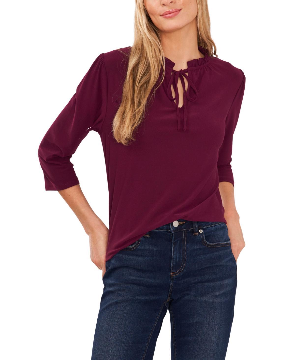 CeCe Womens 3/4-Sleeve Tie-Front Ruffle Neck Knit Top Product Image