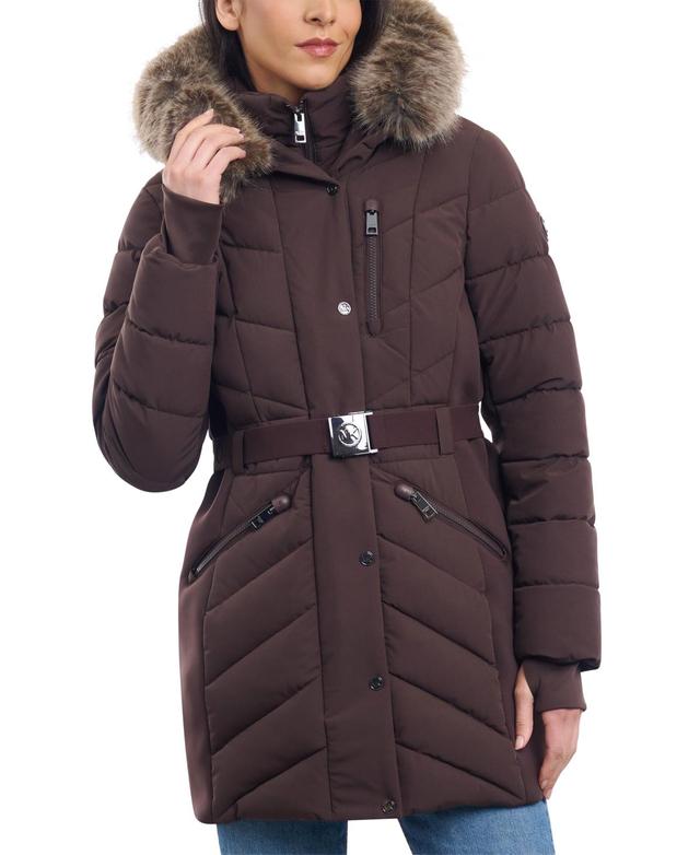 Michael Michael Kors Womens Belted Faux-Fur-Trim Hooded Puffer Coat Product Image