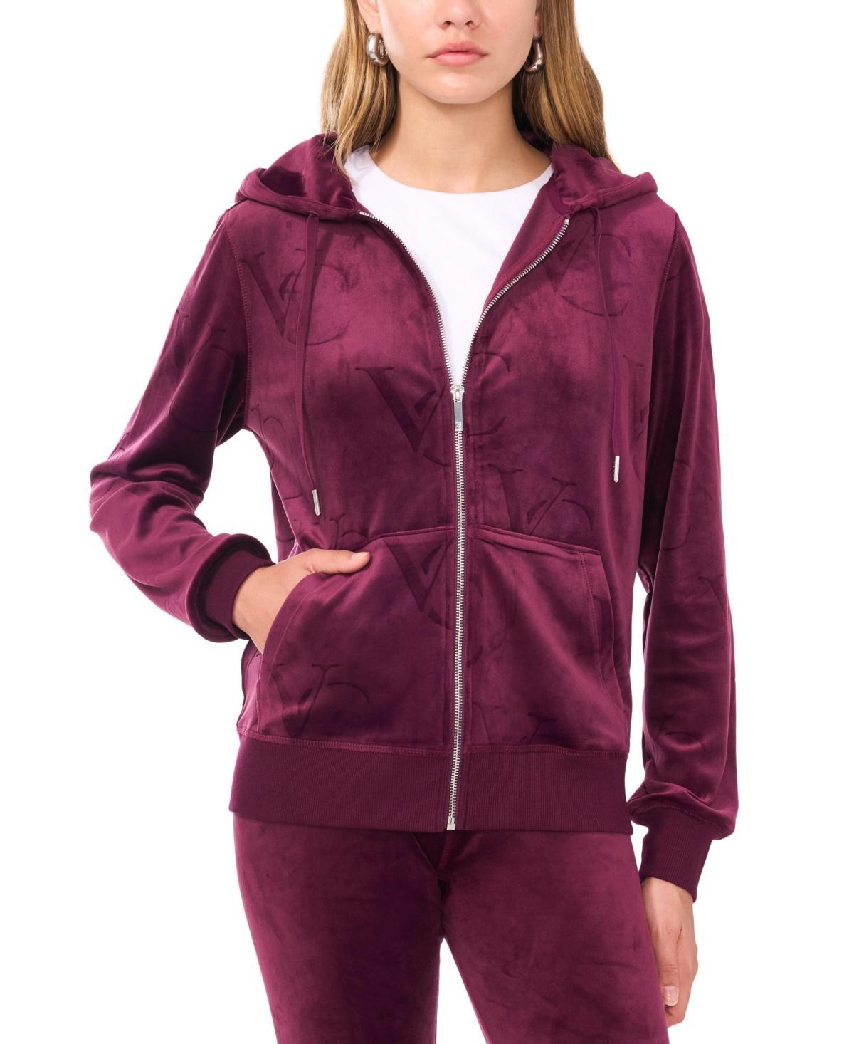 Vince Camuto Womens Embossed-Logo Velour Zip-Front Hoodie Product Image