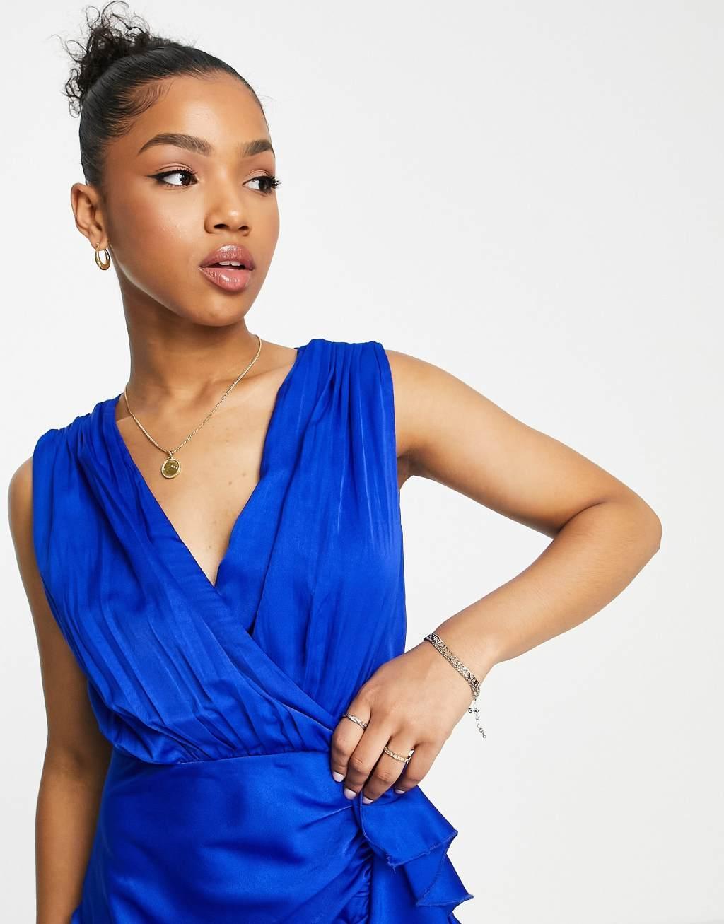 Little Mistress plunge front satin midi dress in royal blue Product Image