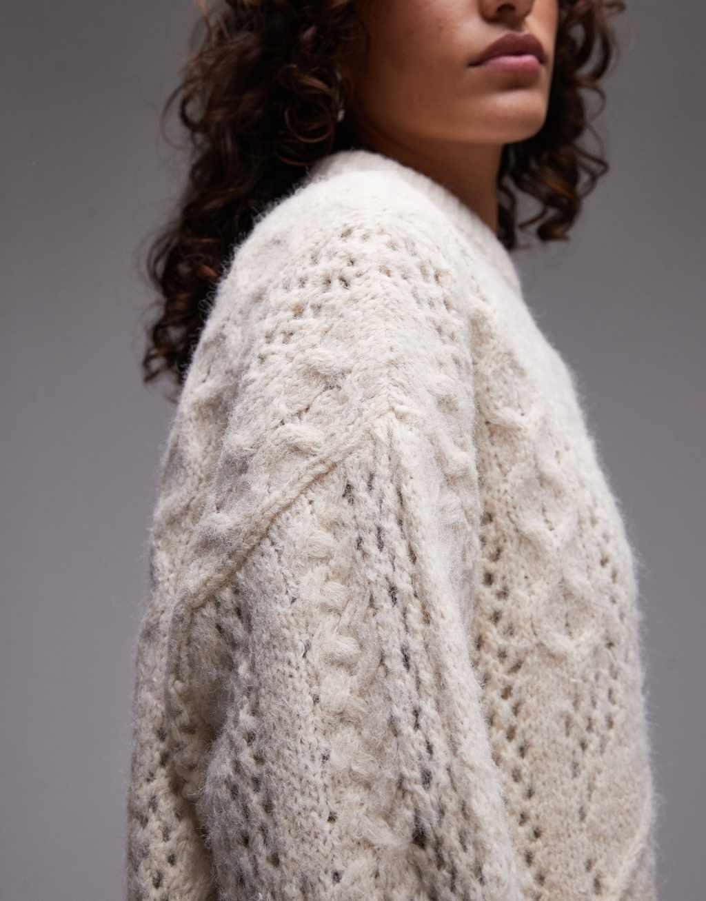 Topshop knit lofty cable relaxed sweater in ivory Product Image