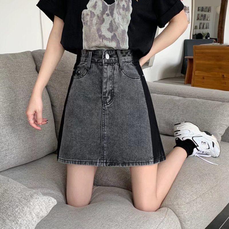 High Waist Denim Mini A-Line Skirt Product Image