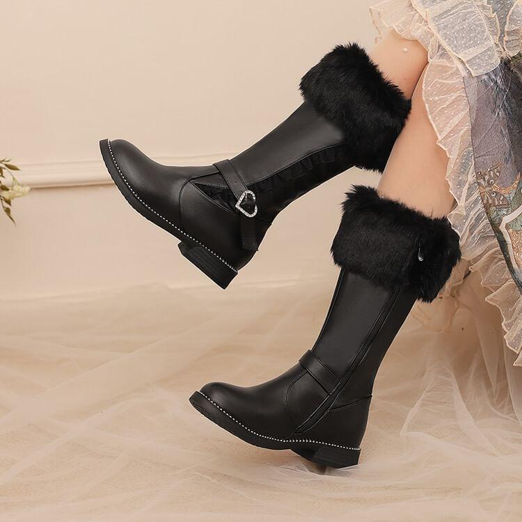 Low Heel Frill Trim Heart Buckled Faux Leather Mid-Calf Boots Product Image