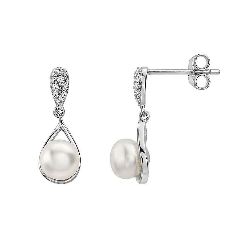 Sterling Silver Freshwater Cultured Pearl & Cubic Zirconia Drop Earrings, Womens, White Product Image