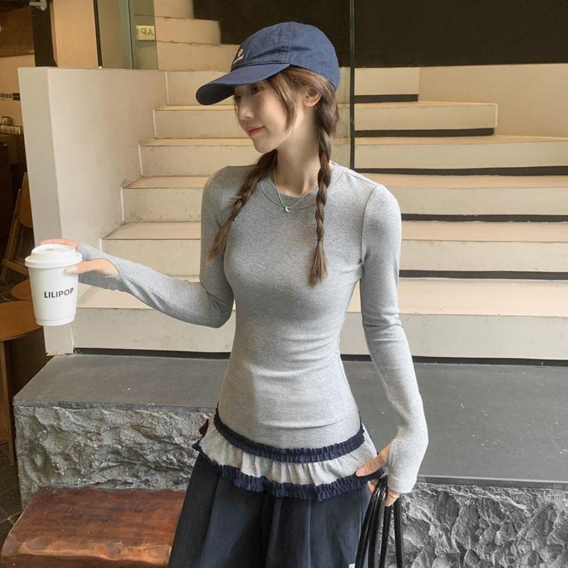 Long-Sleeve Crew Neck Ruffle Trim Slim Fit T-Shirt Product Image