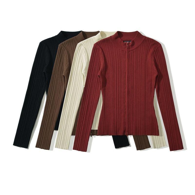 Long-Sleeve Plain Ribbed Zip-Up Knit Top Product Image