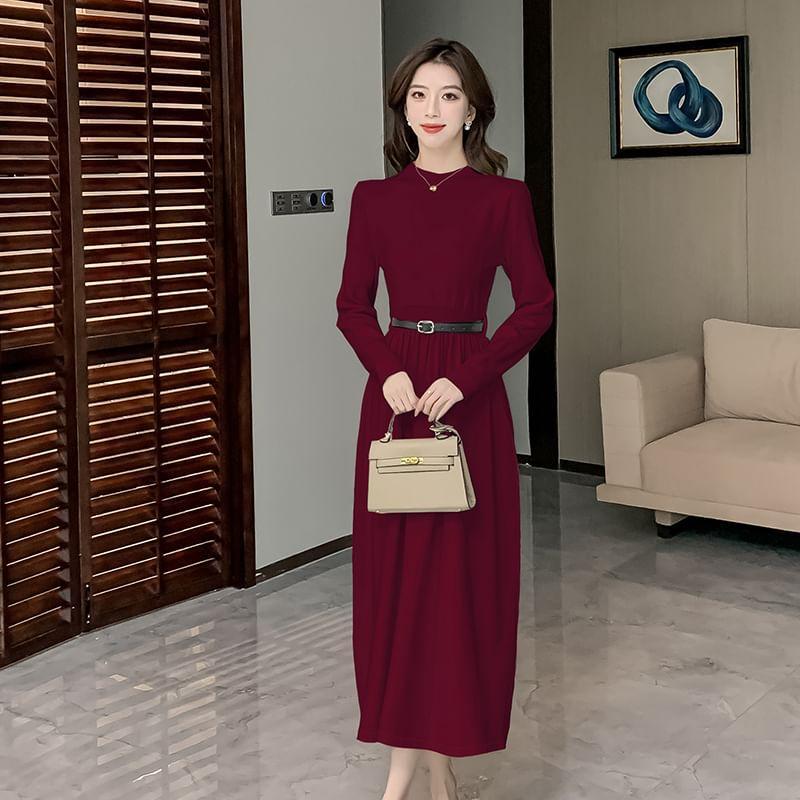 Long-Sleeve Mock Neck Plain Cutout Back Midi A-Line Knit Dress Product Image