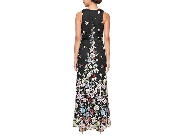 Alex Evenings Long Embroidered A-Line Dress with Satin Tie Belt (Black Floral) Women's Dress Product Image