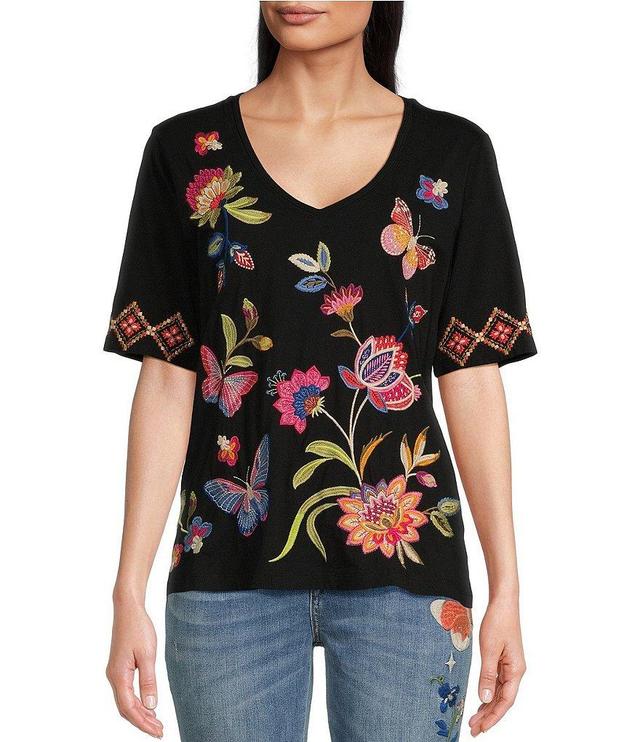 JOHNNY WAS Gracey Knit Jersey V-Neck Short Sleeve Floral Embroidery Top Product Image