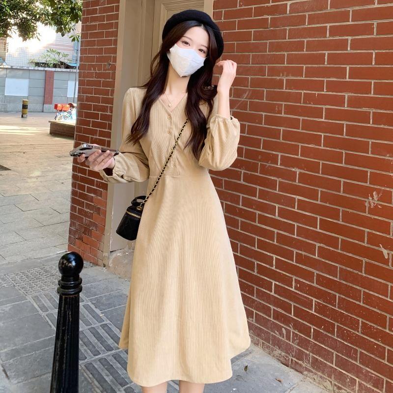 Long Sleeve V-Neck Plain Button Midi A-Line Dress Product Image