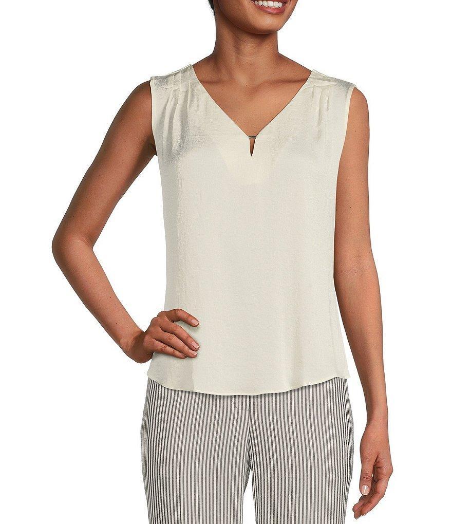 Kasper Charmeuse Textured Sleeveless Bar Trim Keyhole V-Neck Top Product Image