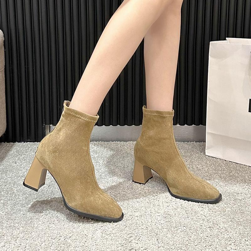 Square Toe Faux Suede Block Heel Short Boots Product Image