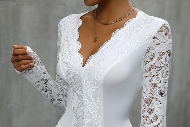 Long Sleeve V-Neck Lace Trim Bodysuit Top Product Image