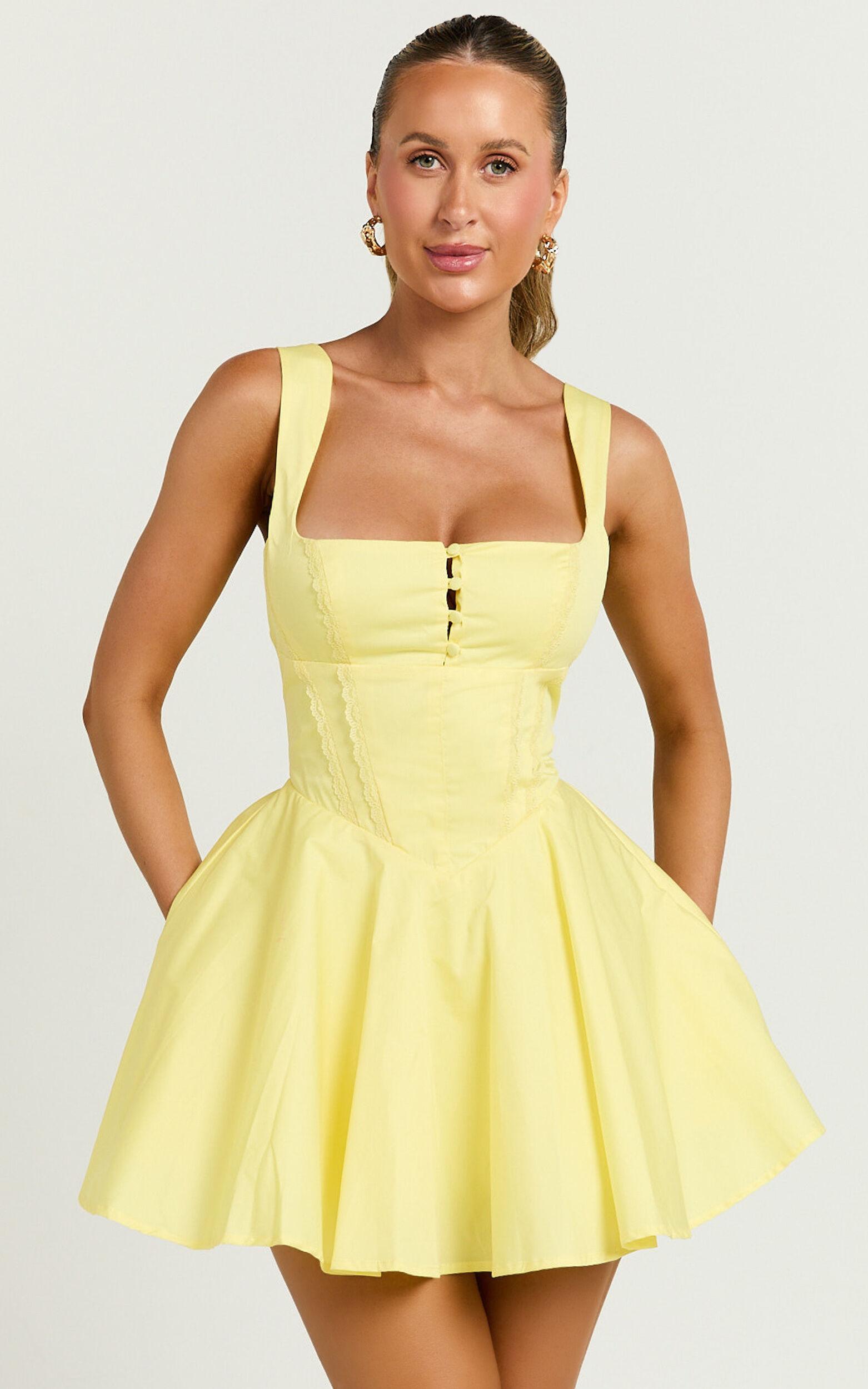 Indi Mini Dress - Square Neckline Lace Up Back Dress in Lemon Product Image