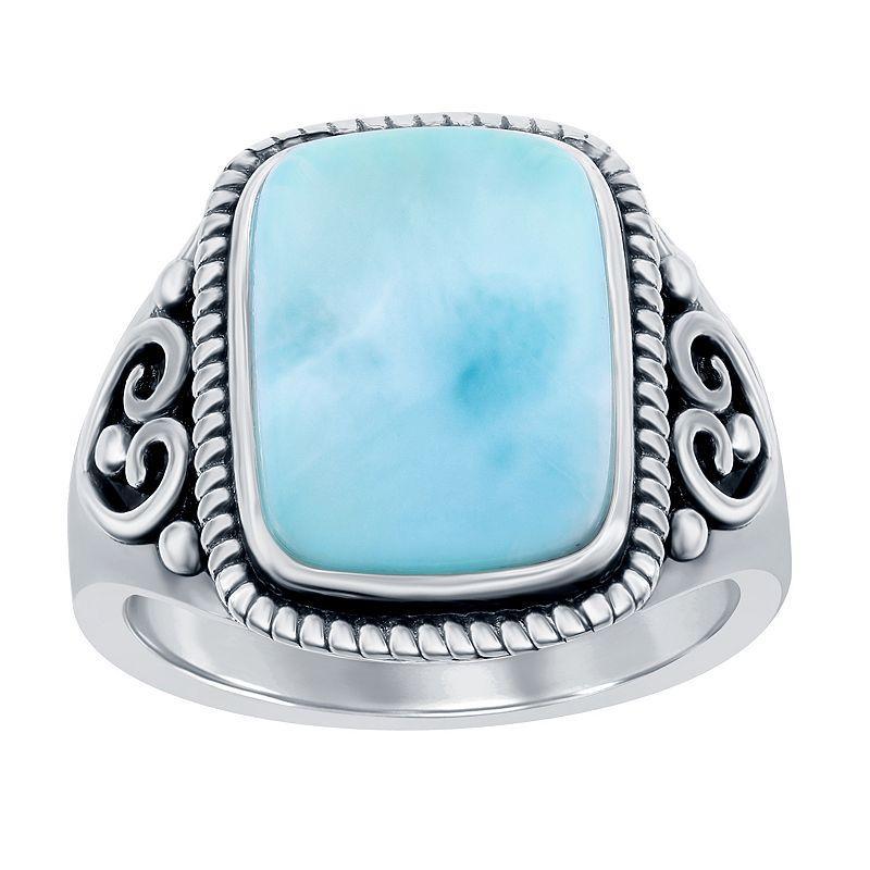 Sterling Silver Rectangle Larimar Filigree Design Ring Product Image