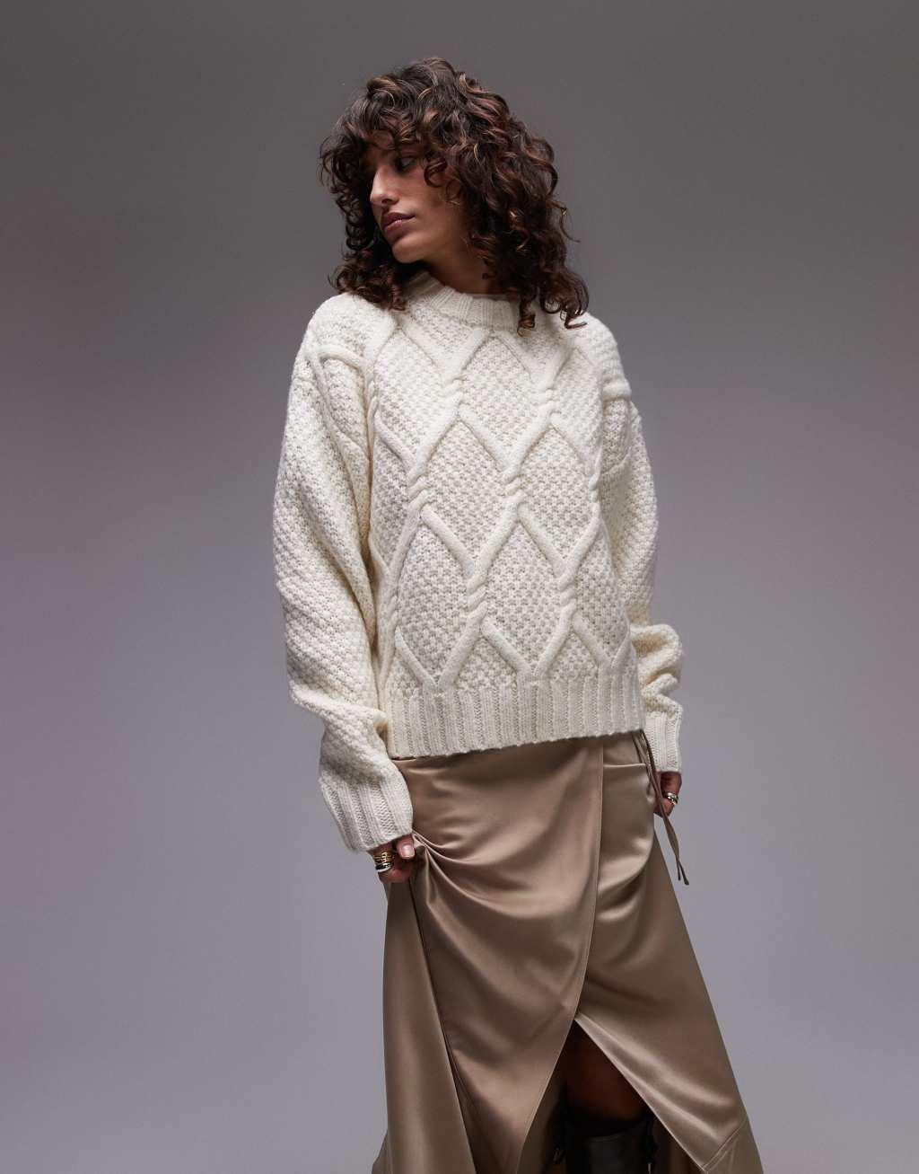 Topshop knit chunky twist cable crew neck oversized sweater in ivory product image