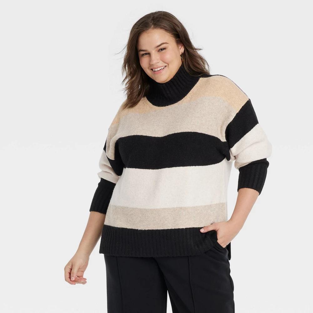 Womens Cozy Knit Mock Turtleneck Pullover Sweater - A New Day Black/Camel Striped XXL Product Image