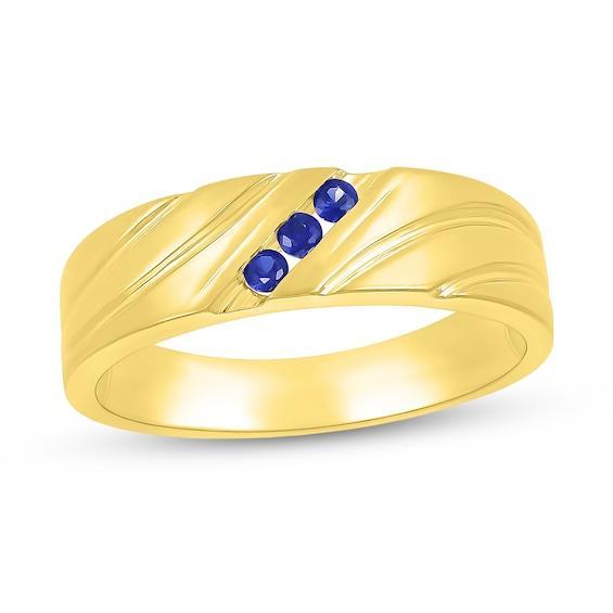 Men's Blue Lab-Created Sapphire Three Stone Textured Swirl Ring in 10K Gold Product Image