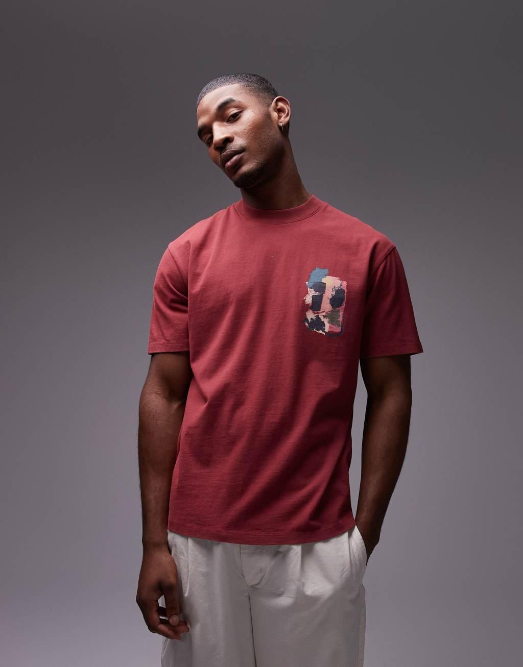 Topman oversized fit T-shirt with front and back painted mark making print in washed burgundy Product Image