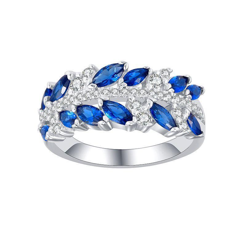 Sterling Silver Blue & White Cubic Zirconia Leaf Pattern Ring, Womens Product Image