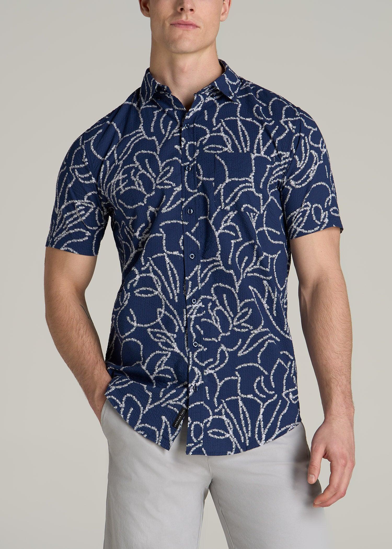 Seersucker Tall Men's Short Sleeve Shirt in Navy Botanist Print Product Image