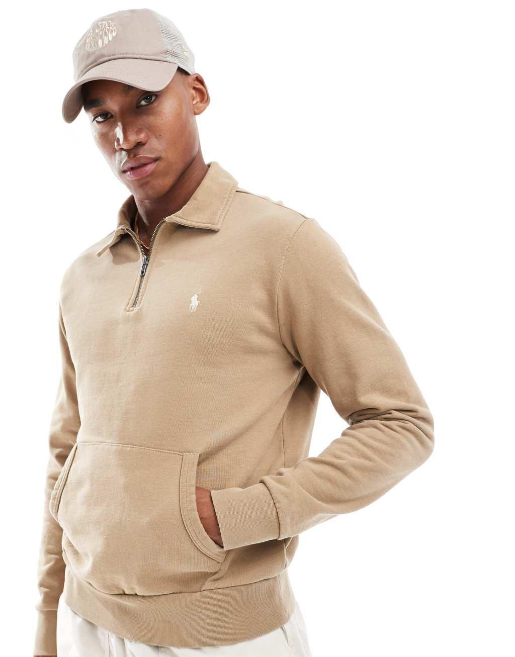 Polo Ralph Lauren icon logo loopback terry half zip rugby sweatshirt in khaki tan product image