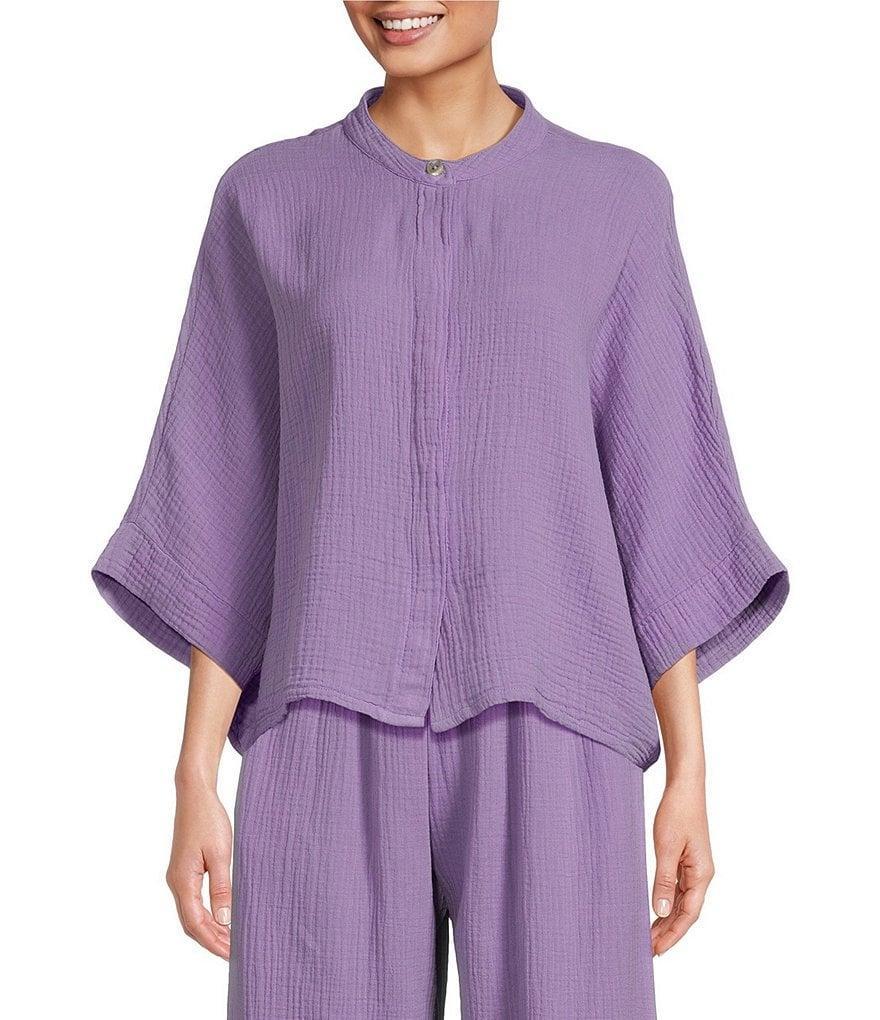 Bryn Walker Joe Solid Cotton Gauze Band Collar 3/4 Dolman Sleeve Draped Hem Coordinating Boxy Shirt Product Image