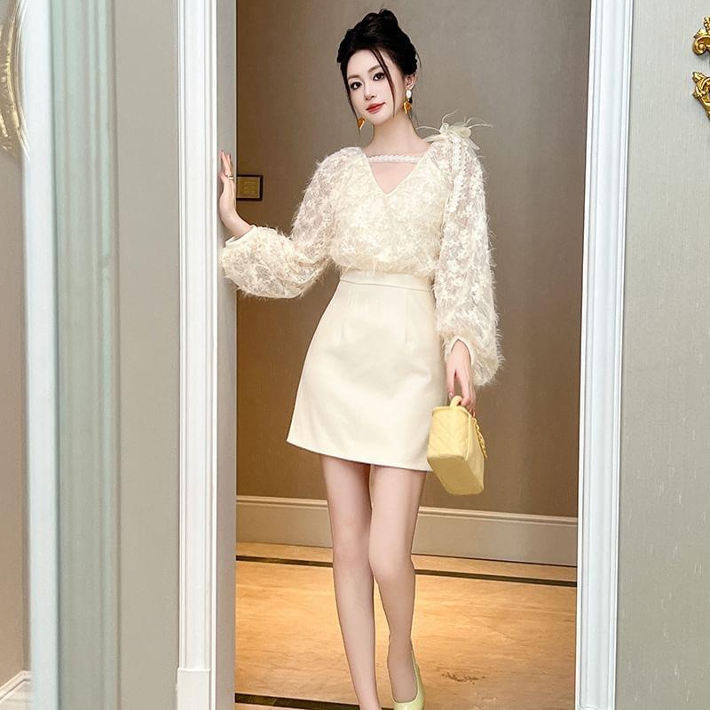 Mock Two-Piece Long-Sleeve V-Neck Lace Panel Mini Sheath Dress Product Image