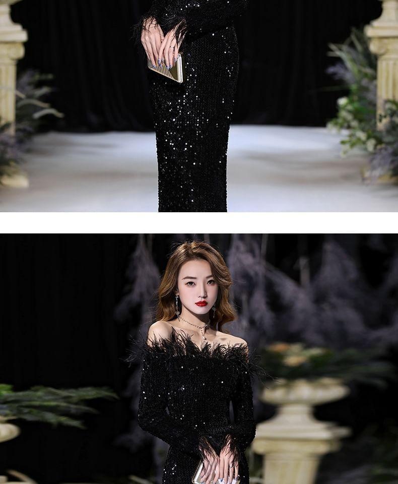 Long-Sleeve Off Shoulder Plain Sequin Feather Trim Sheath Evening Dress Product Image