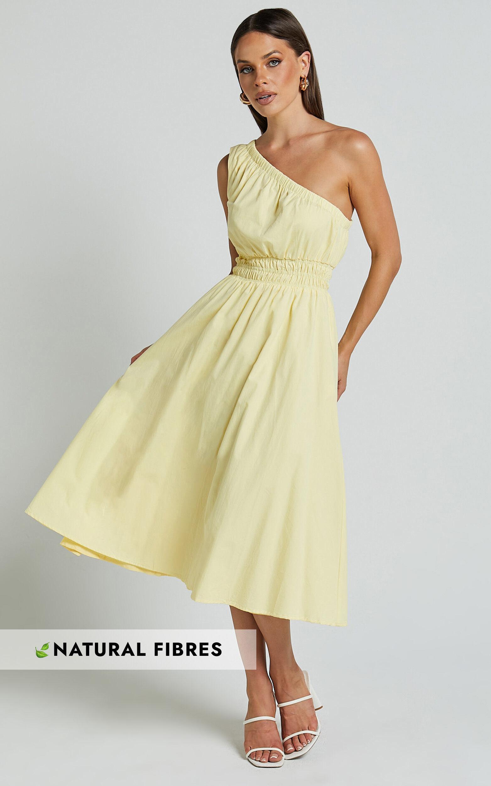 Yulia Midi Dress - One Shoulder Shirred Waist Dress in Lemon Product Image