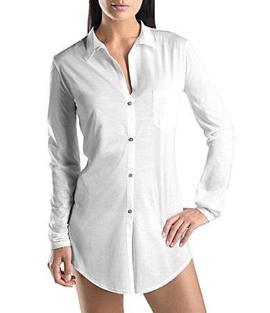 Hanro Deluxe Point Collar Long Sleeve Boyfriend Cotton Nightshirt Product Image