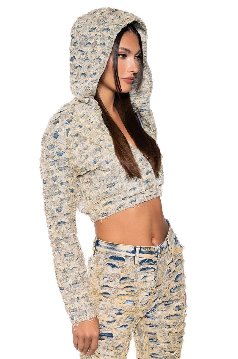 SECRET WEAPON DISTRESSED DENIM HOODED TOP Product Image