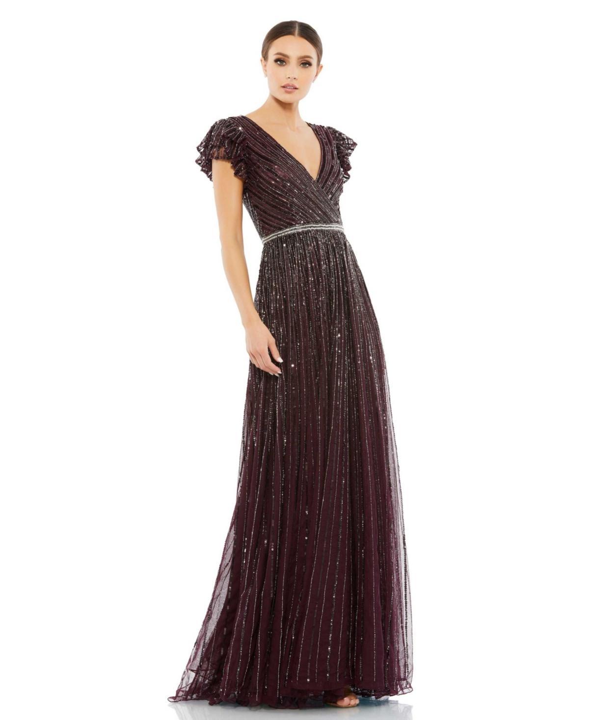 Mac Duggal Beaded Cap Sleeve Tulle A-Line Gown Product Image