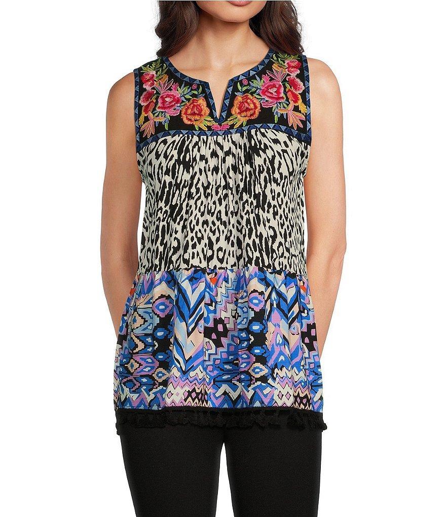 Calessa Woven Patchwork Print Split V-Neck Sleeveless Novelty Trim Pullover Top Product Image