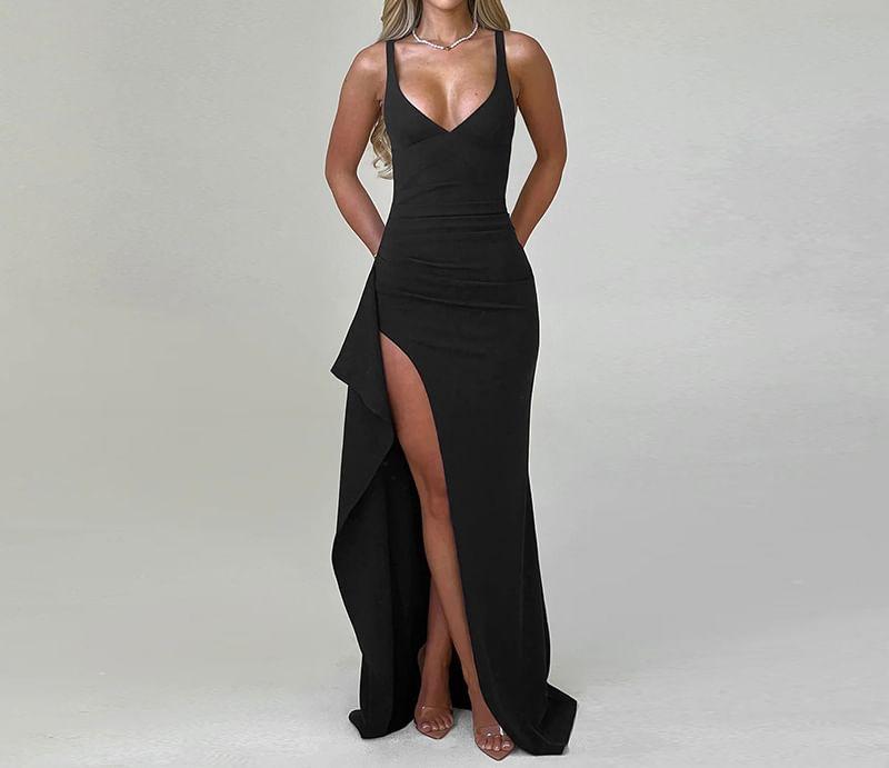 Spaghetti Strap V-Neck Plain Slit Bodycon Maxi Dress Product Image