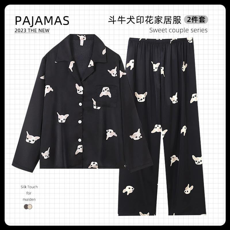 Couple Matching Short-Sleeve Collared Dog Print Button Pajama Top / Elastic Waist Shorts / Straight Leg Pants / Set Product Image