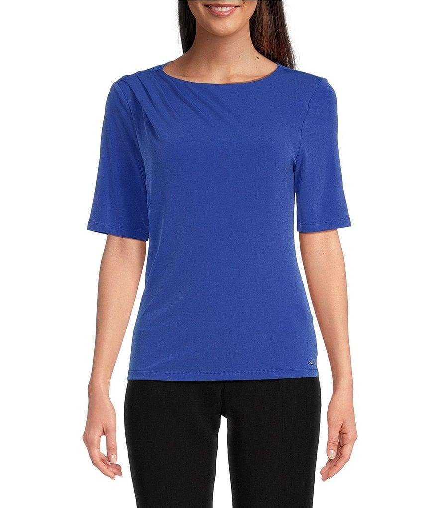 Calvin Klein Solid Knit Crew Neck Elbow Sleeve Drape Top Product Image